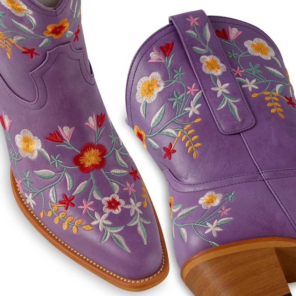 Women's Purple Ankle Cowgirl Boots Flower Embroidered Square Toe Chunky Heel - Picture 7 of 8
